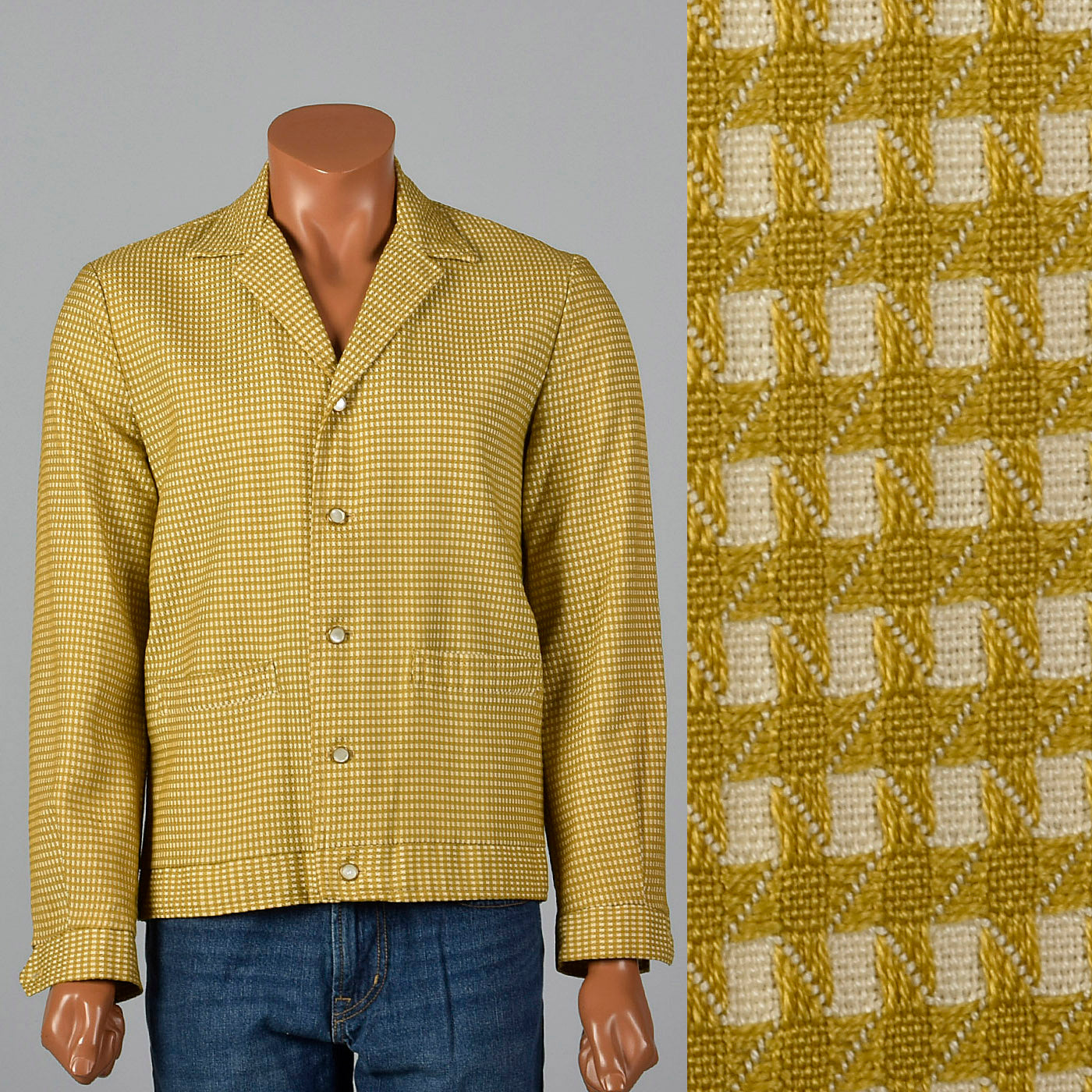 1950s Mens Gold and Cream Textured Check Jacket