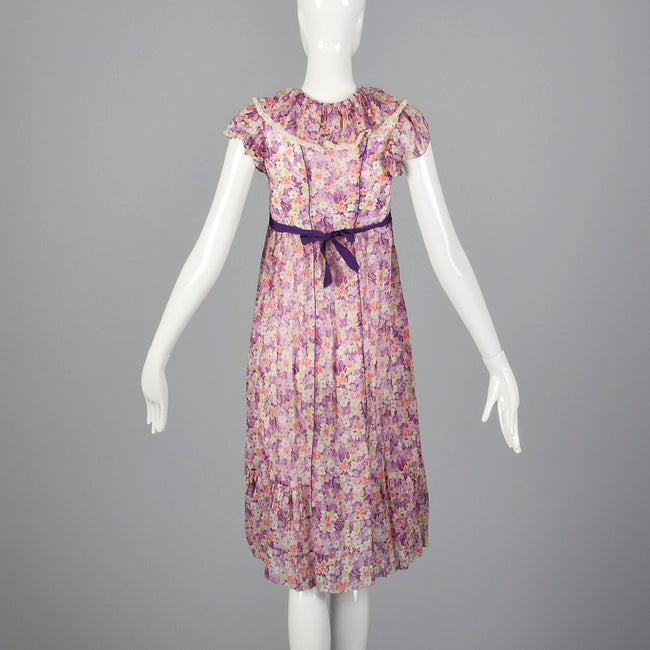 1930s Purple Day Dress in a Sheer Floral Print