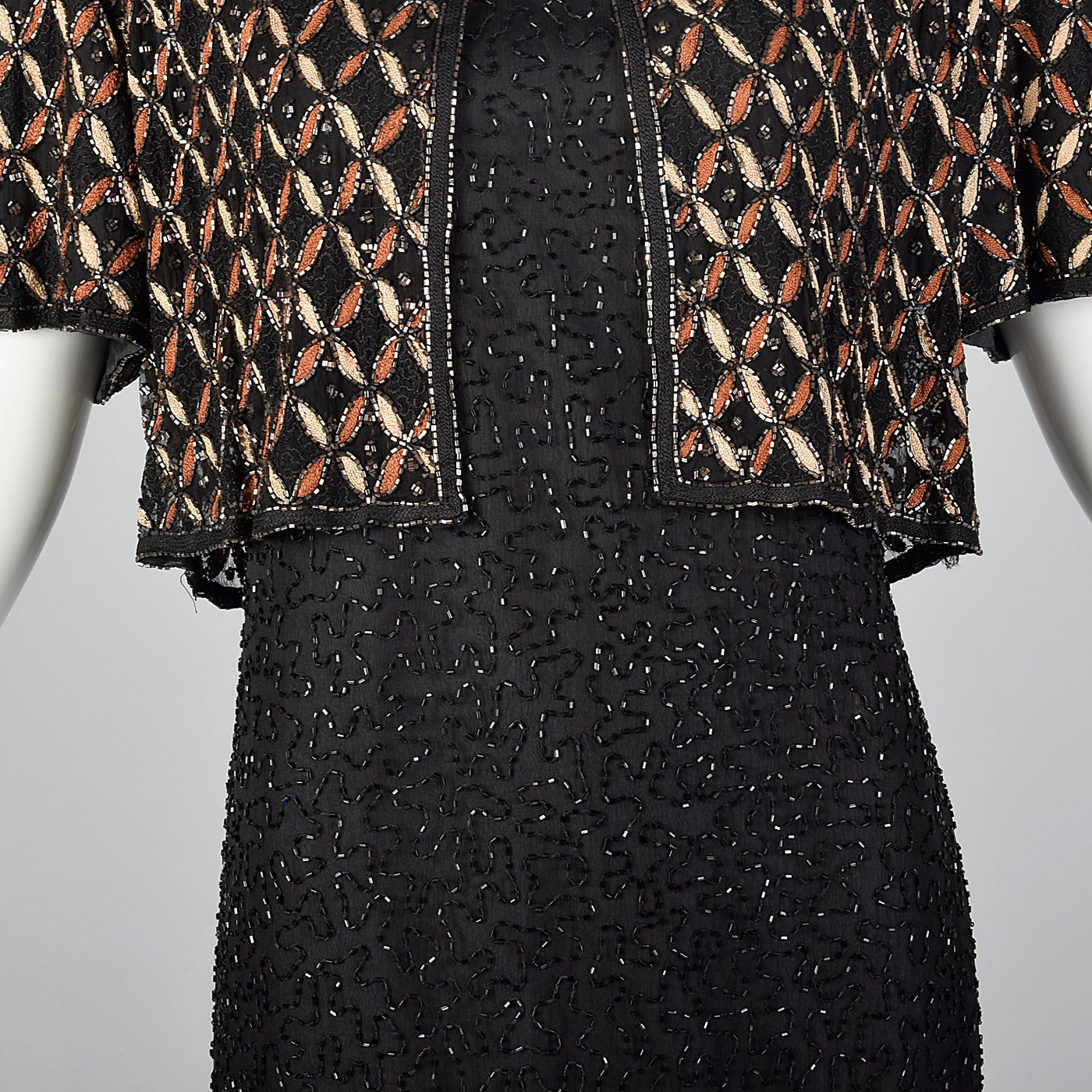 1990s Black Beaded Faux Jacket Maxi Dress