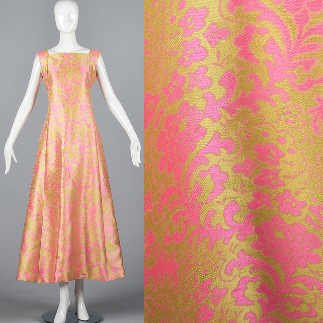 1960s Malcolm Starr Sleeveless Maxi Dress in Pink and Chartreuse Psychedelic Brocade