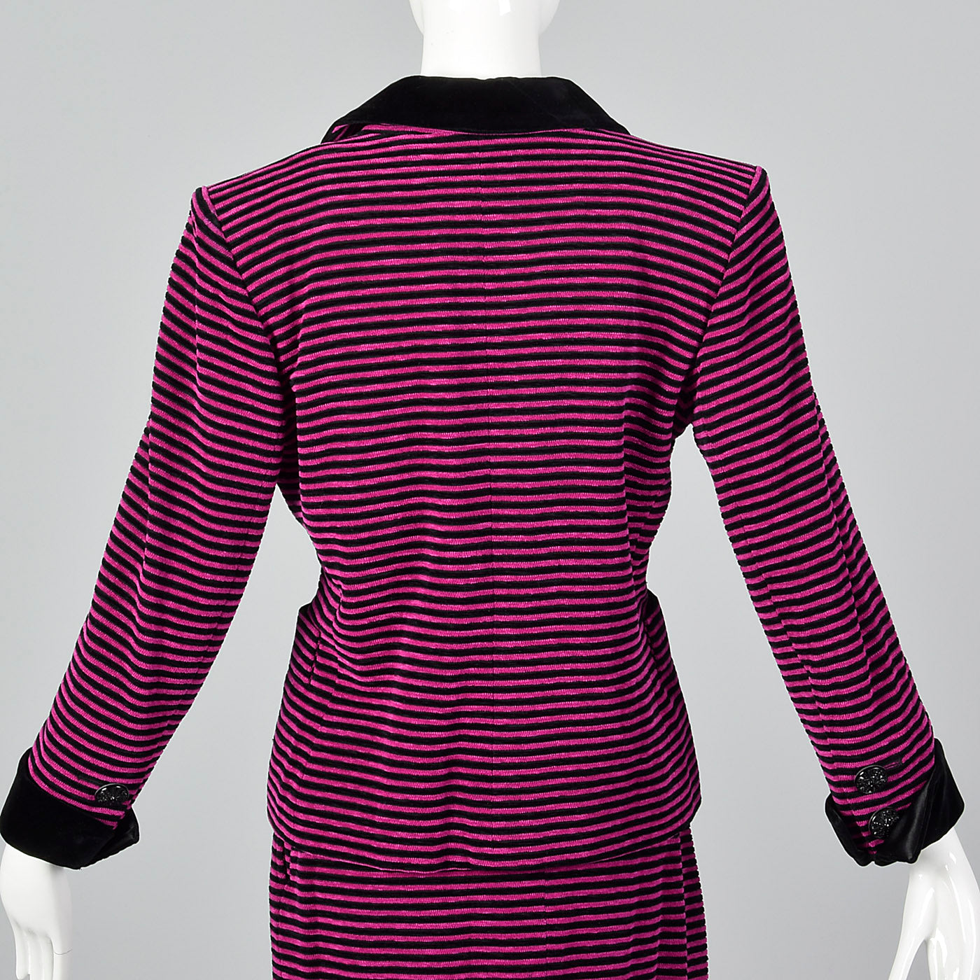 Yves Saint Laurent Rive Gauche Black & Fuchsia Striped Corduroy Skirt Suit