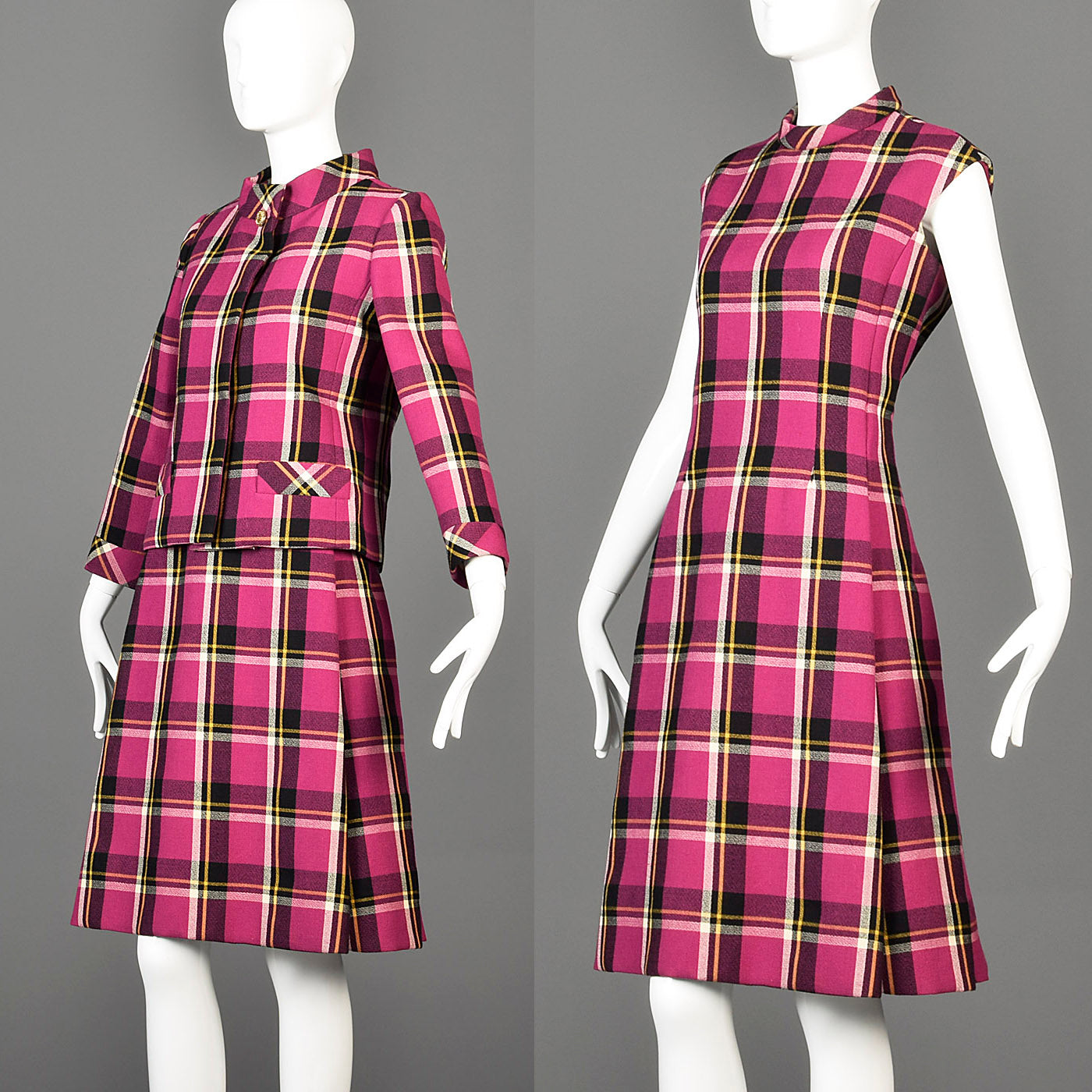 1960s Christian Mann for Marquise Plaid Two Piece Dress and Jacket Set