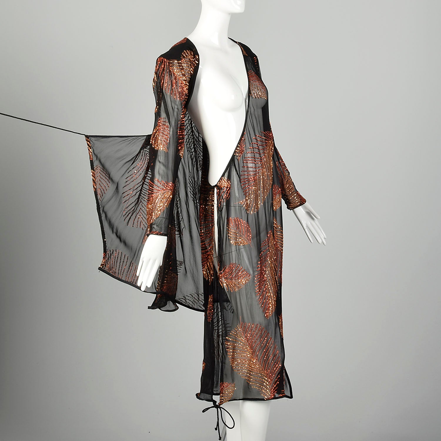 Medium 1980s Two Piece Wrap Dress Black Sheer Glitter