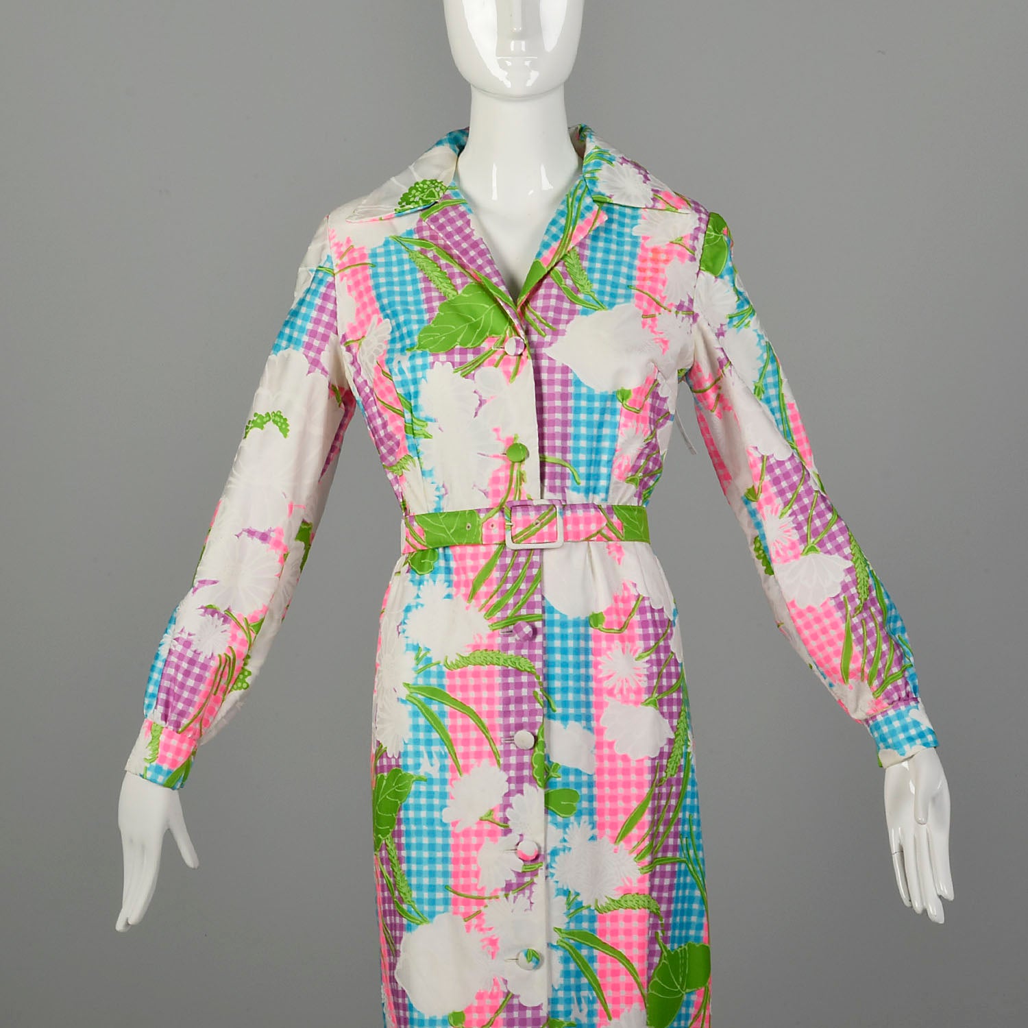 Large 1970s Colorful Maxi Dress White Floral Bright Belt Long Sleeve
