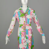 Large 1970s Colorful Maxi Dress White Floral Bright Belt Long Sleeve
