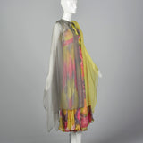 1960s Silk Floral Dress with Color Block Cape