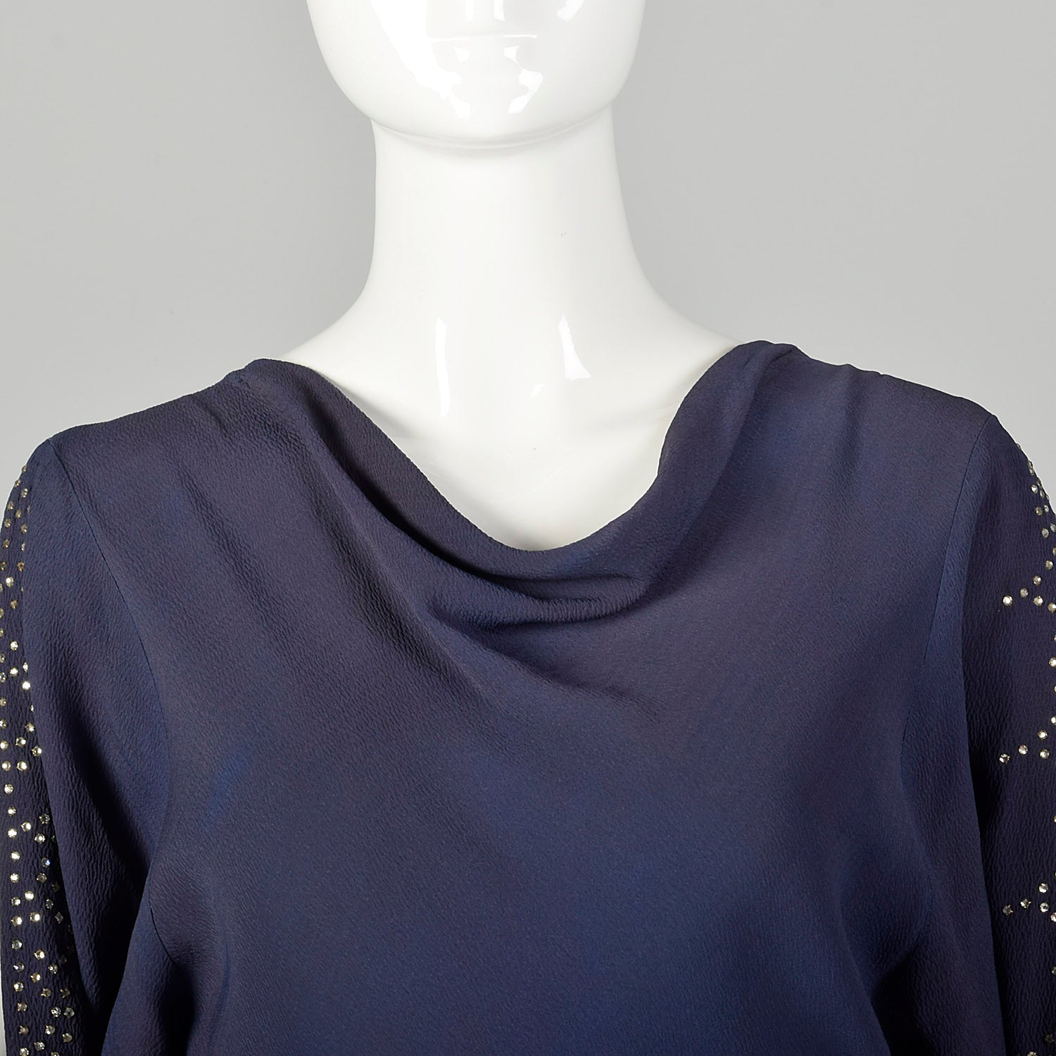 Small 1930s Blue Dress Bias Cut Rhinestone Slit Long Sleeve Evening Gown