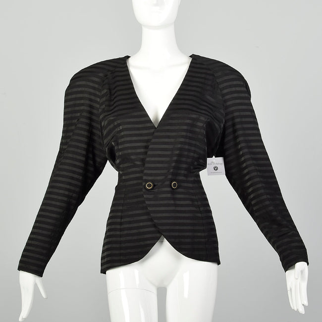 XL 1980s Dominic Serio Blazer Black Striped Power Shoulder Double Breasted Jacket