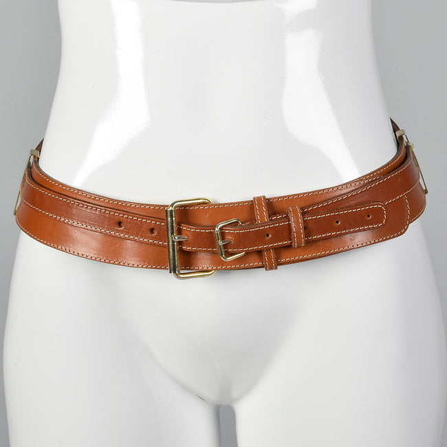 Brown Leather Belt with Double Gold Buckles