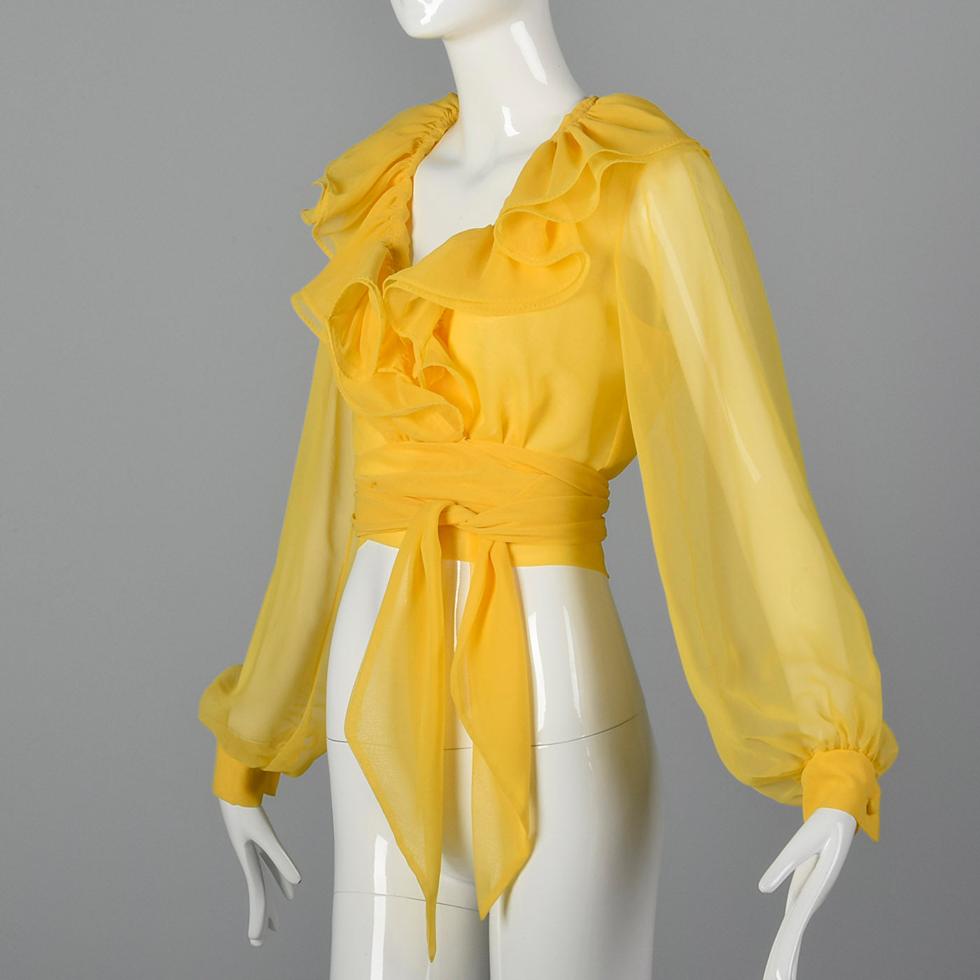 1970s Elegant Sheer Yellow Wrap Blouse