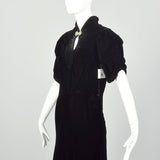Small 1930s Dress Formal Black Silk Velvet Keyhole Neckline Evening Gown