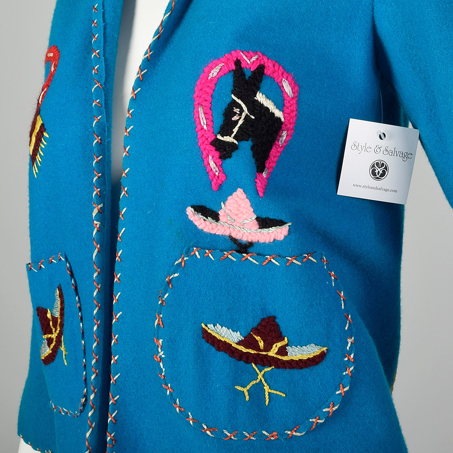 XXS 1950s Souvenir Mexican Tourist Jacket Blue Teal Embroidered Horseshoe Donkey Wool Jacket