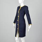1980s Bill Blass Navy Dress with Gold Tone Metal Braided Trim