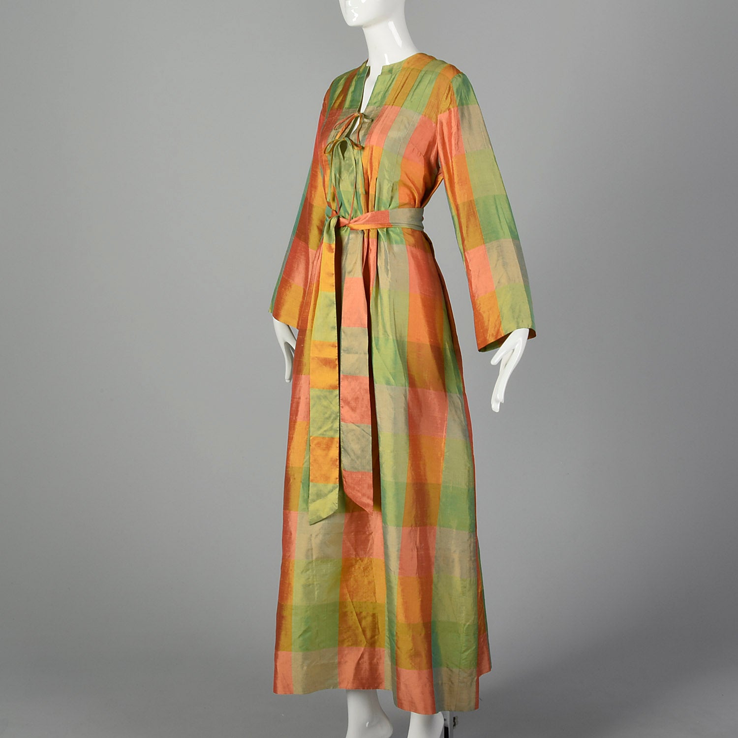 Medium Treacy Lowe 1970s Green and Orange Plaid Silk Maxi Dress