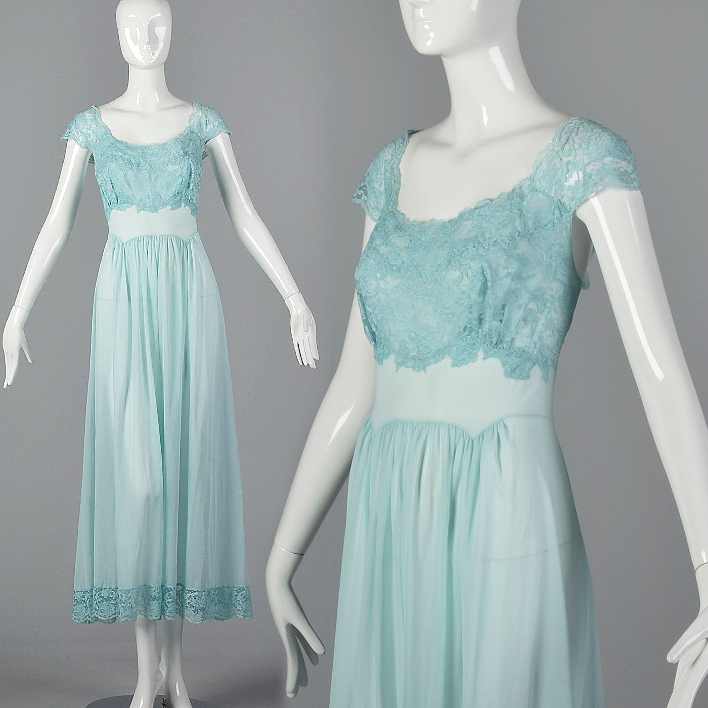 1950s Vanity Fair Blue Nightgown with Lace Shelf Bust