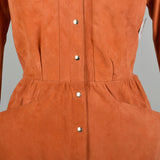 LG 1980s Thierry Mugler Leather Hourglass Suede Dress Orange Snap Front Knee Length Sexy Fitted Dress