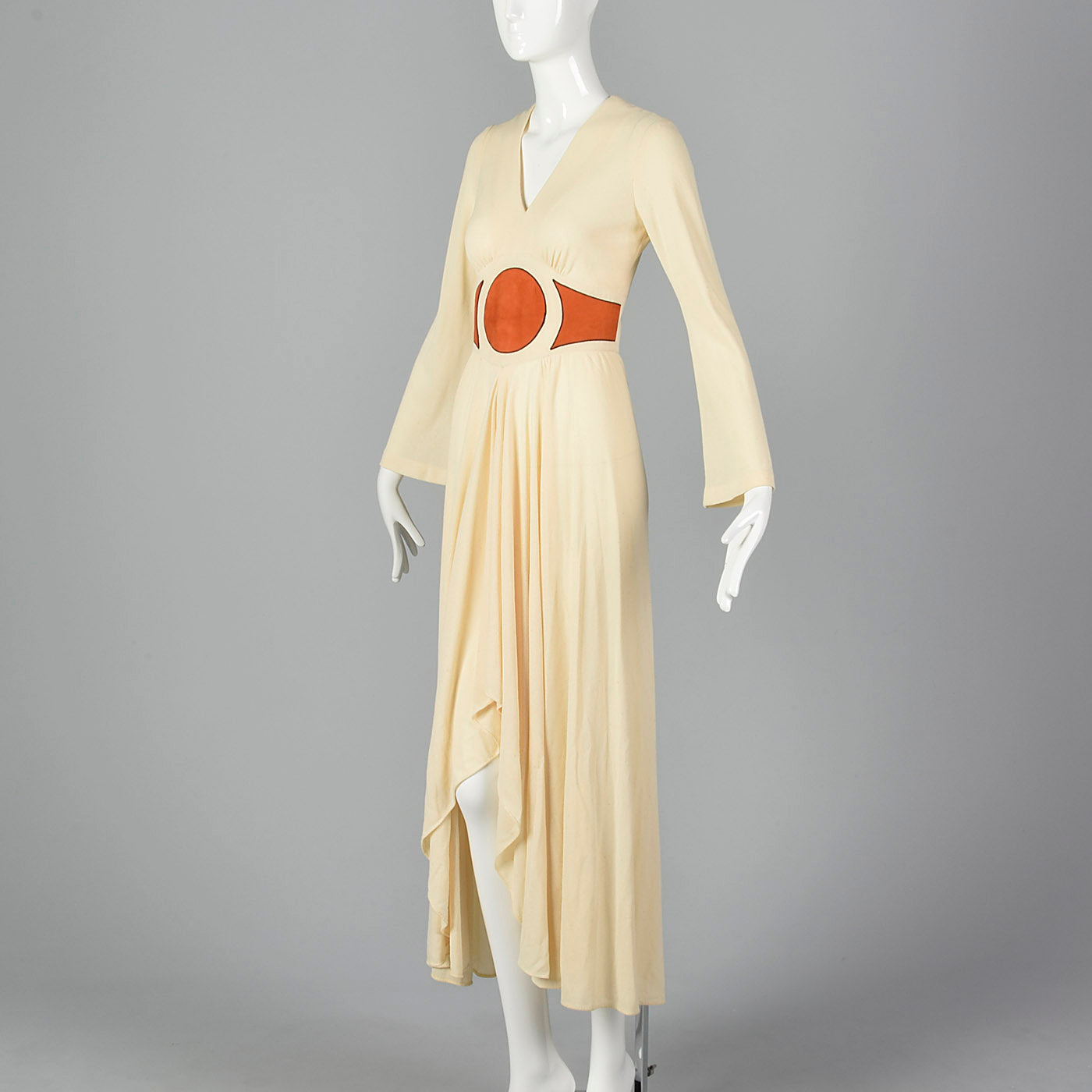 1970s Asymmetric Cream Dress with Suede Applique