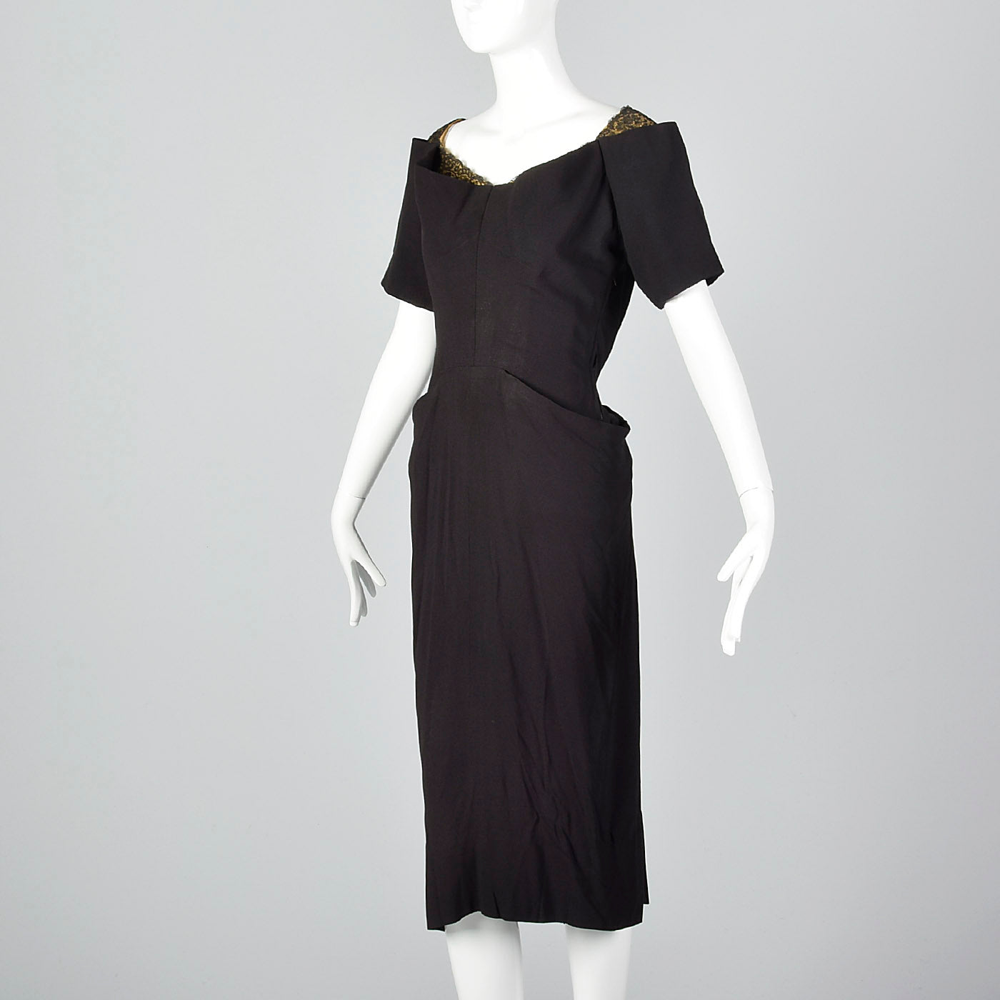 1940s Black Rayon Dress with Gold Trim