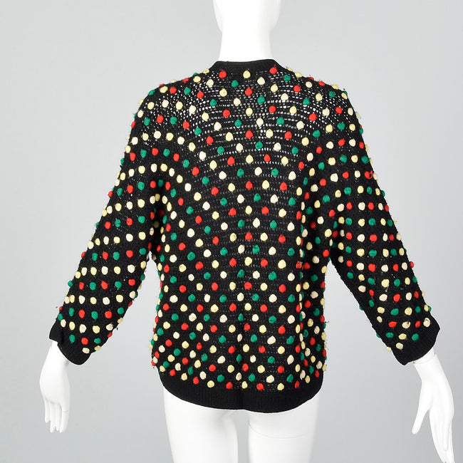 1960s Black Sweater with Multicolored Pom Poms