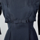 1950s Navy Blue Silk Dress with Mother of Pearl Buttons