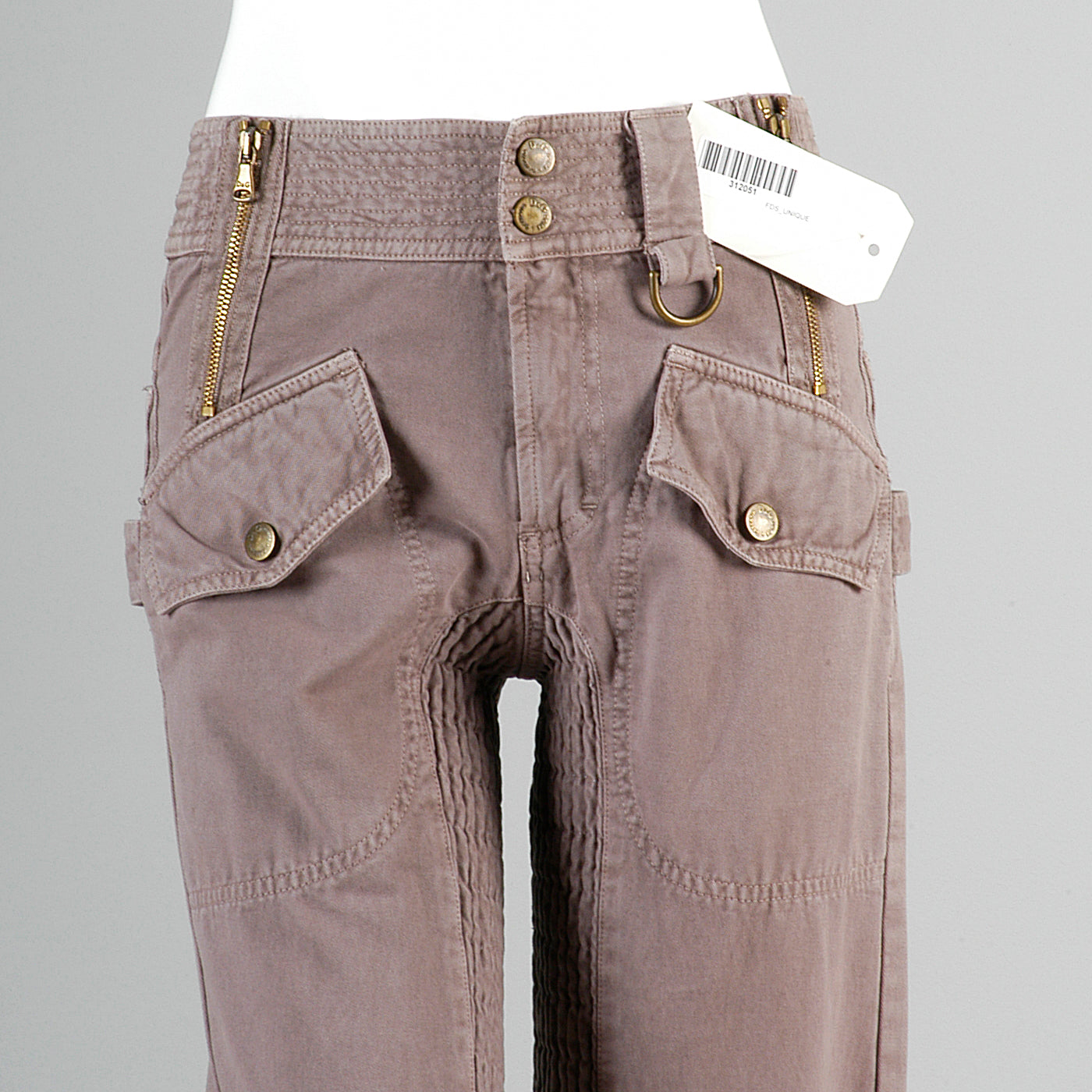 D&G Superior Denim by Dolce & Gabbana Taupe Twill Pants with Zippers Snaps and Smocked Thighs