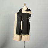 Large 1950s Wrap Dress Asymmetric Cape Collar Black Cream Applique