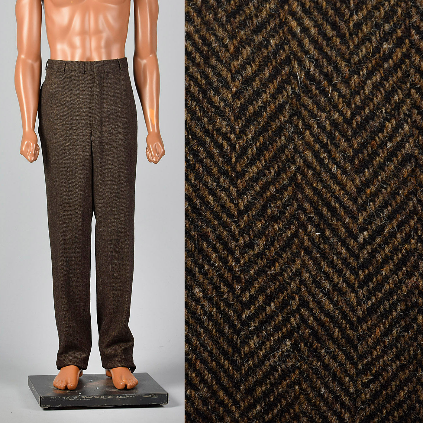 1970s Mens Deadstock Wool Pants in Brown and Black Herringbone