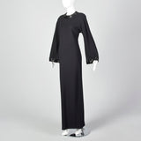 1970s Anne Klein Black Wool Evening Gown with Bell Sleeves and Beaded Trim