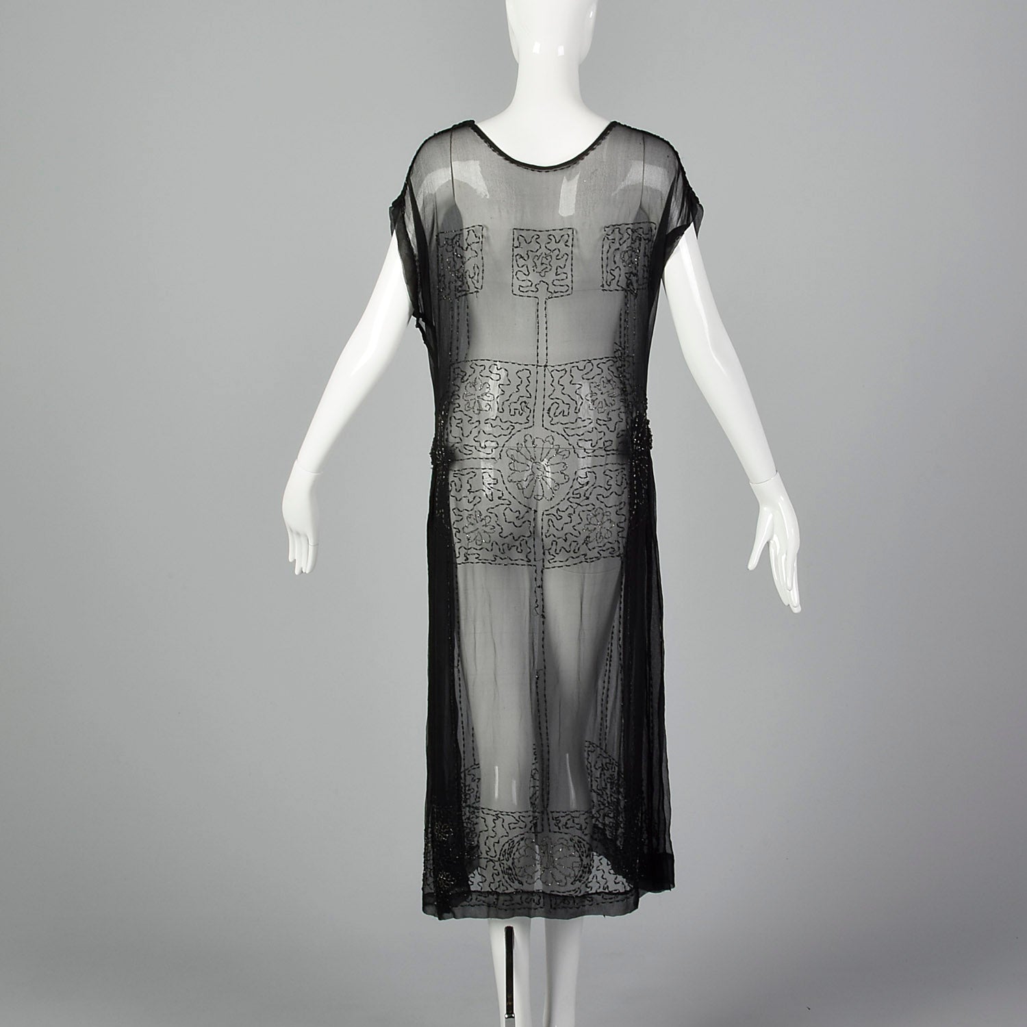 1920s Beaded Sheer Black Dress with Hip Sashes