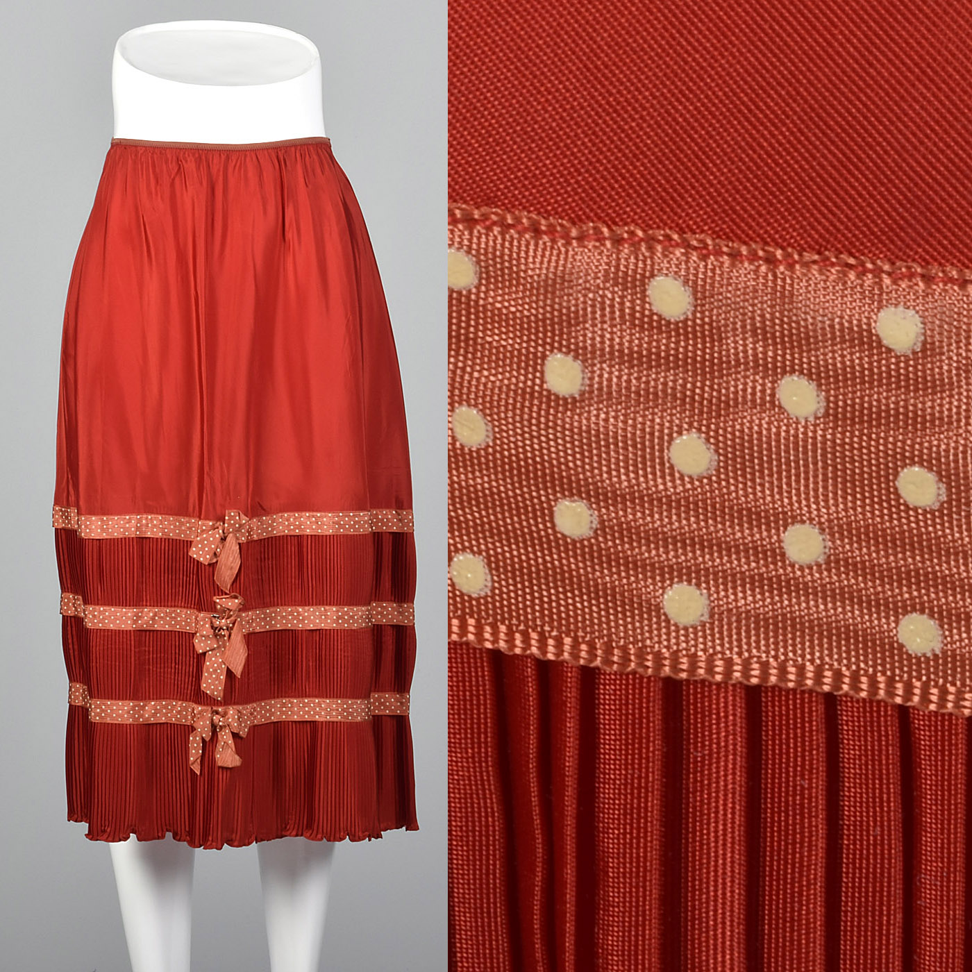 1950s Red Taffeta Half Slip with Crystal Pleats and Polka Dot Ribbon