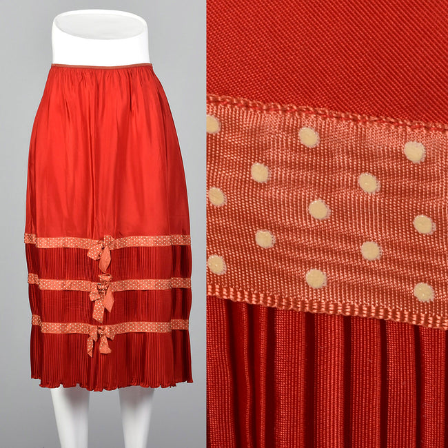 1950s Red Taffeta Half Slip with Crystal Pleats and Polka Dot Ribbon