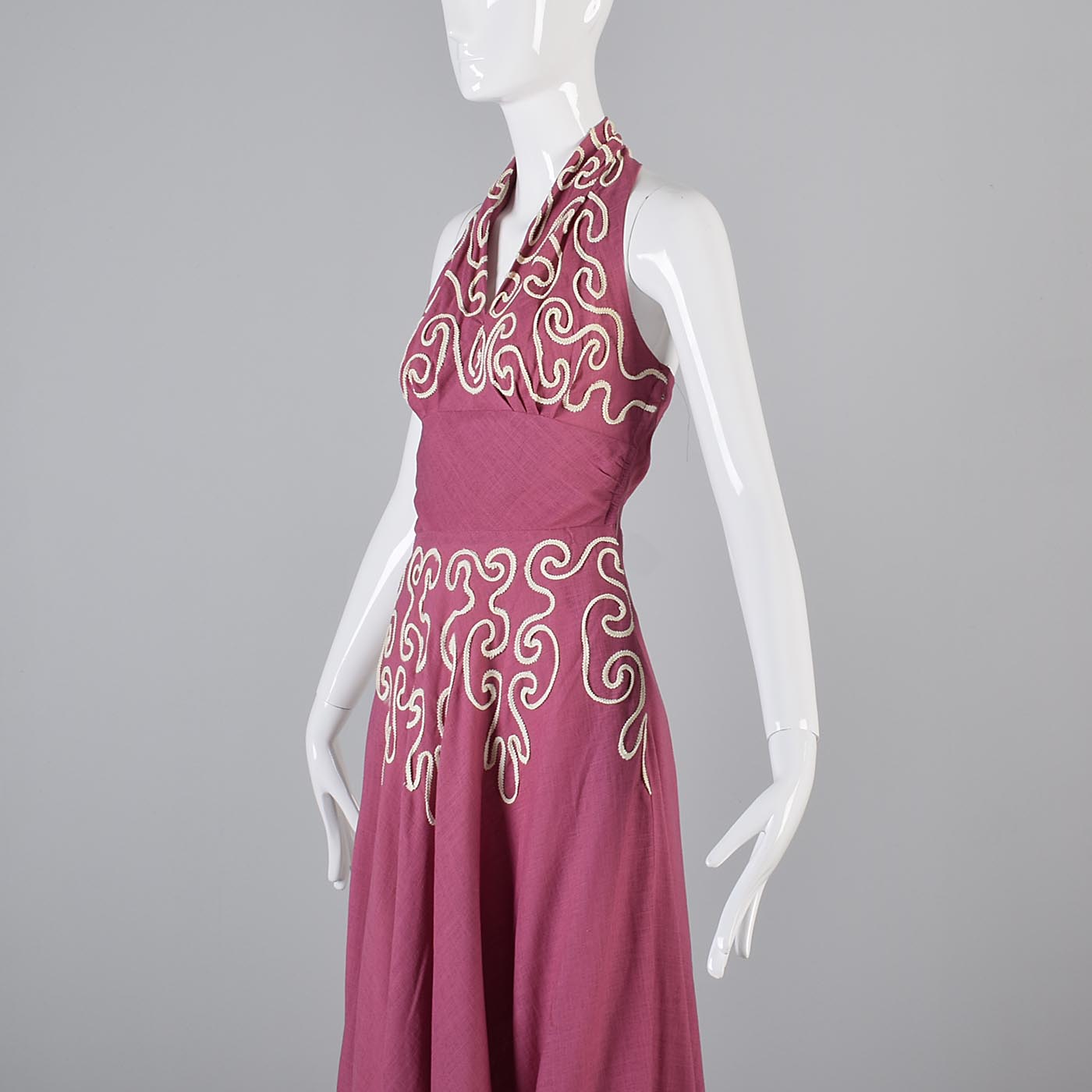 1940s Pink Linen Halter Dress with Soutache Trim