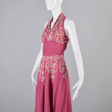 1940s Pink Linen Halter Dress with Soutache Trim