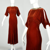 Small 1930s Silk Velvet Dress Tawny Glamorous Beaded Evening Gown Old Hollywood