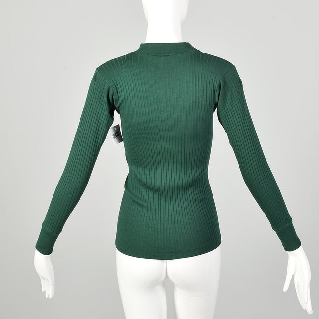 XS 1960s Green Deadstock Ribbed Long Sleeve Lightweight Knit Mock Turtleneck Shirt