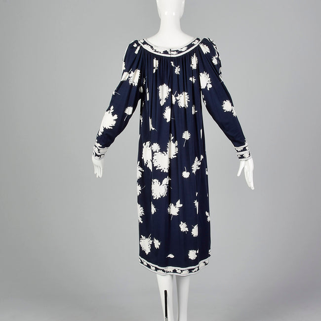 1980s Leonard Paris Navy Blue Floral Dress