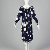 1980s Leonard Paris Navy Blue Floral Dress