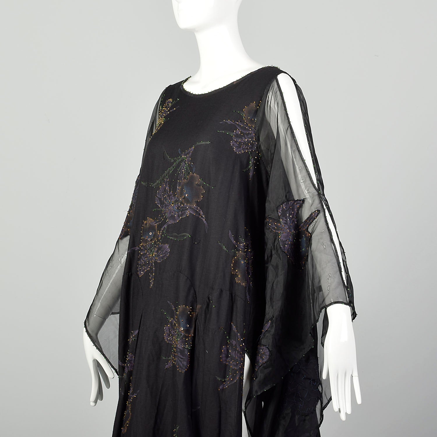 OSFM 1990s Dramatic Flowy Gothic Gown Kaftan Dress Kimono Sleeve Car Wash Beaded Hem