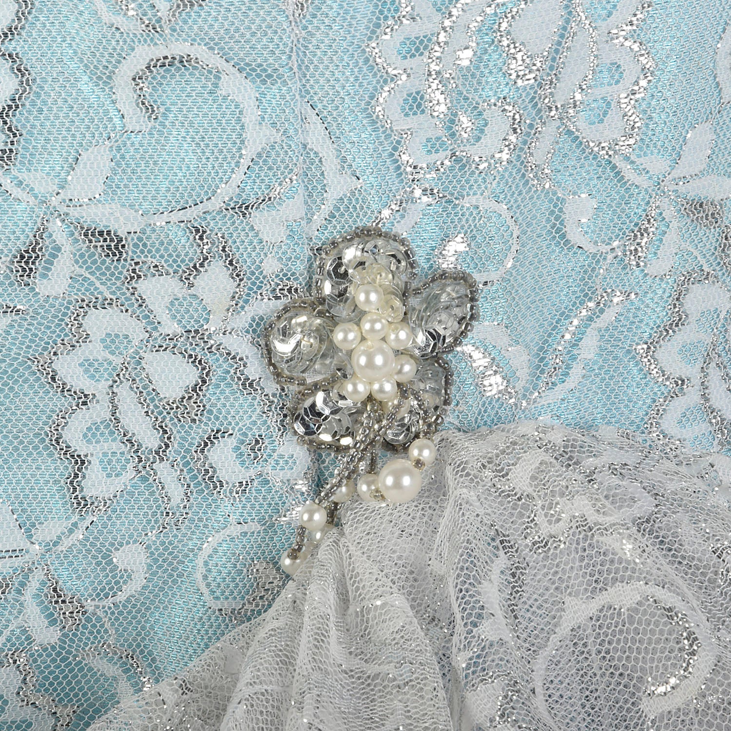 Small 1980s Blue Silver Sleeveless Layered Lace Asymmetric Calypso Mermaid Prom Dress
