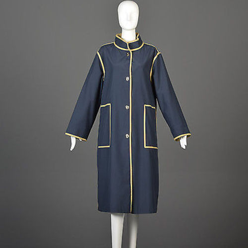 1970s Bonnie Cashin Navy Blue Overcoat with Tan Trim