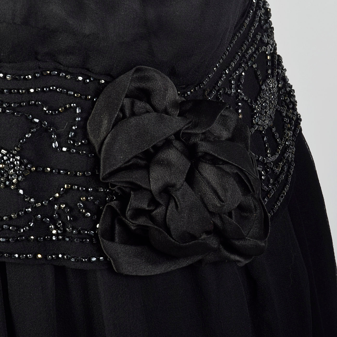 1920s Black Silk Chiffon Dress with Steel Beads
