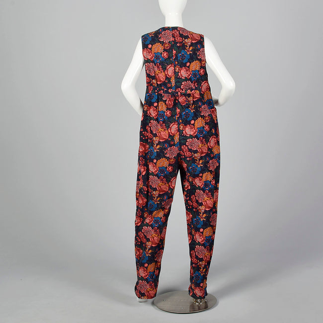 1980s Corduroy Jumpsuit in Black Floral Print