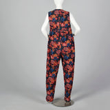 1980s Corduroy Jumpsuit in Black Floral Print