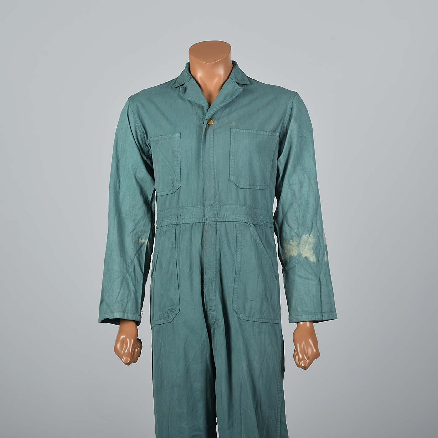 1940s Mens Green Herringbone Belted Workwear Coveralls