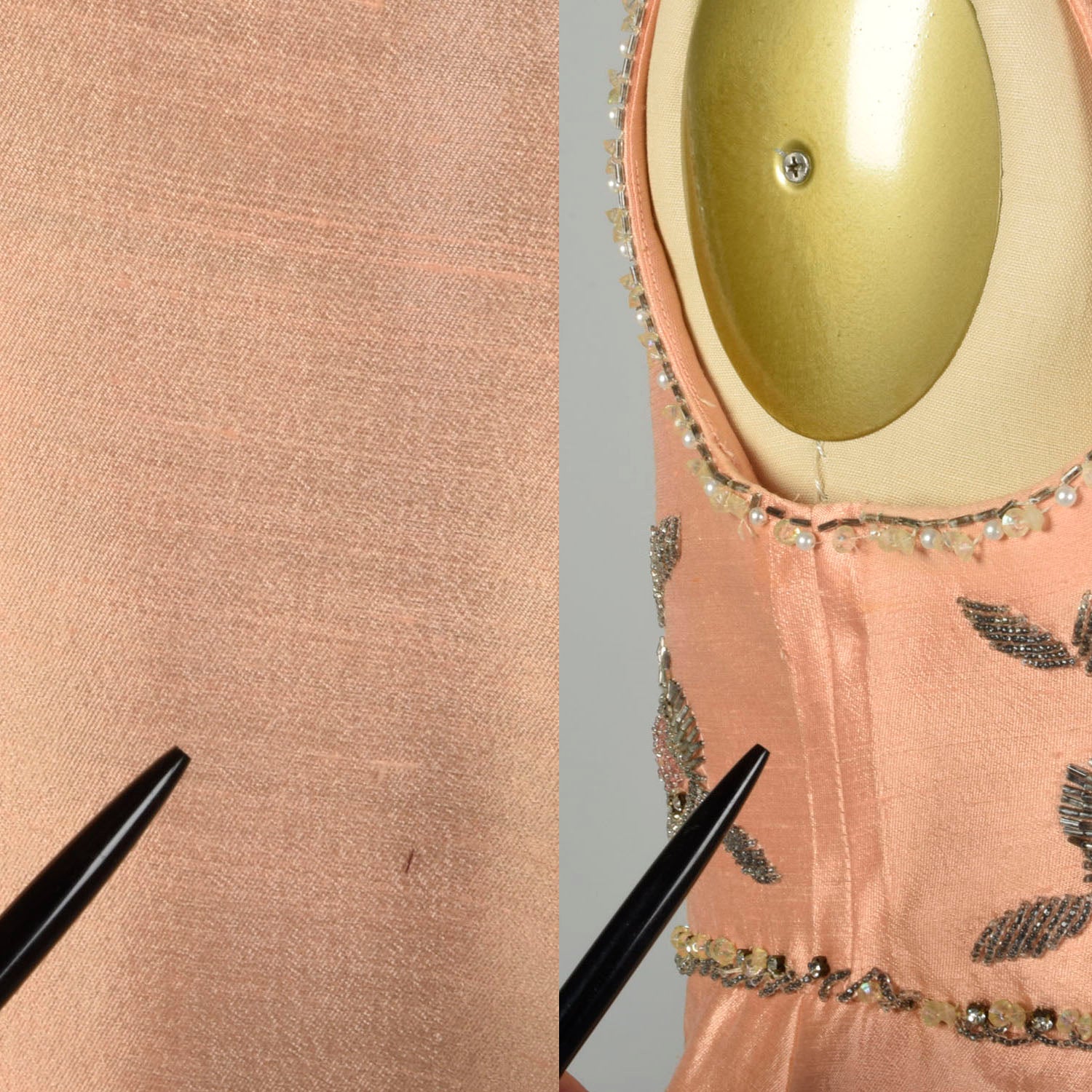 Large 1960s Peach Dress Deadstock Bead Embroidered Empire Waist Babydoll