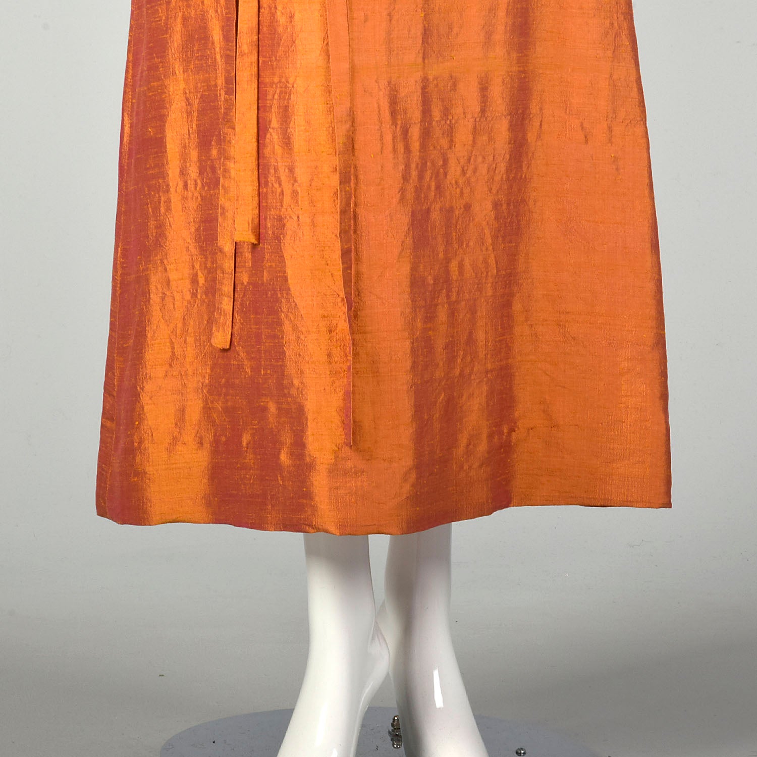 Small 1990s Orange Red Gold Silk Dupioni Sharkskin Dress with Belt and Accessories