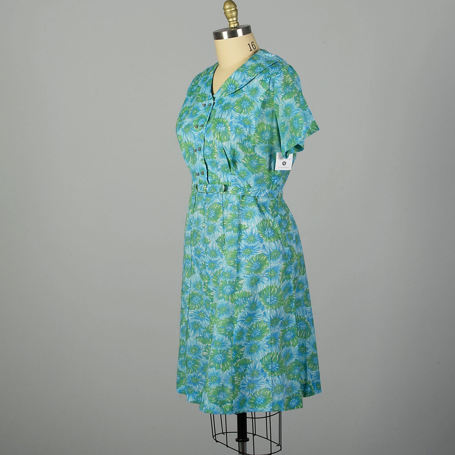 3XL 1950s Blue Floral Day Dress Green Short Sleeve Casual Volup