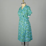 3XL 1950s Blue Floral Day Dress Green Short Sleeve Casual Volup