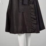 XS 1980s Black Taffeta Wrap Coat Lightweight with Ruffle Trim