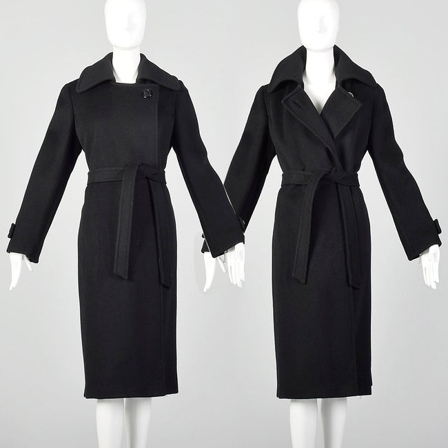 Small Black Heavyweight Wool 1970s Trench Coat